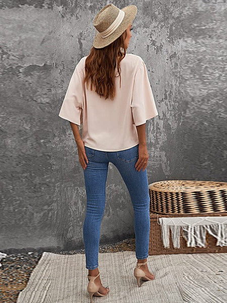 Solid V-Neck Flared Sleeve T-Shirt - Cape - Batwing - Scoop - Jewel - Closed