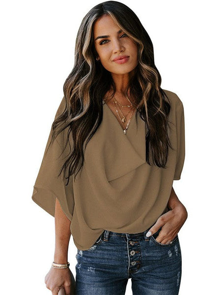 Solid V-Neck Flared Sleeve T-Shirt - Cape - Batwing - Scoop - Jewel - Closed