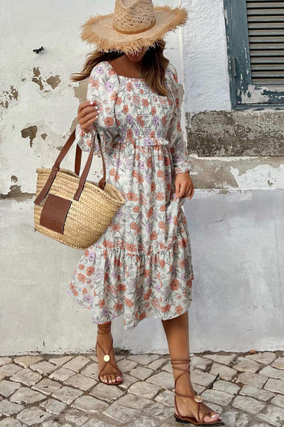 Flowy V-neck Printed Belted Holiday Dress