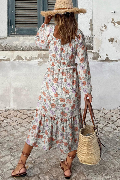 Flowy V-neck Printed Belted Holiday Dress