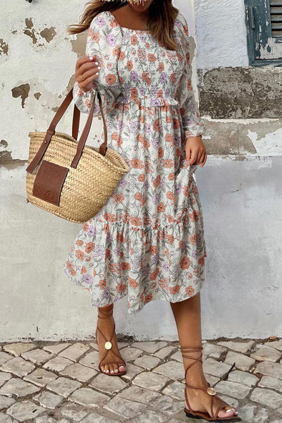 Flowy V-neck Printed Belted Holiday Dress
