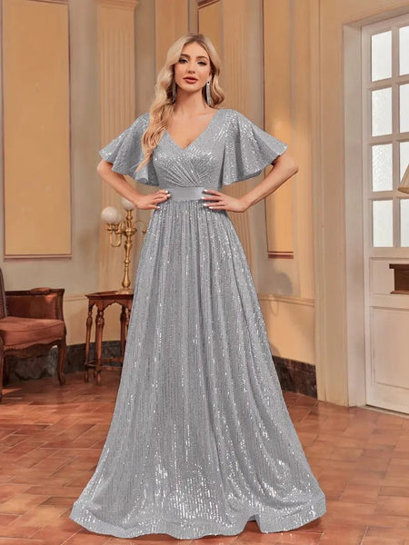 Flutter Sleeve Sequin A-line Dress with V Neck and Floor Length Hem - Women's Fashion