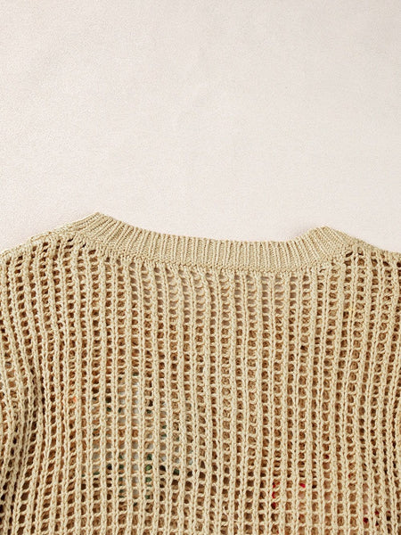 French Beige Floral Crochet Hollow-out Sweater Top