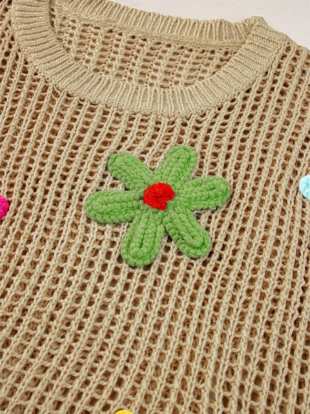 French Beige Floral Crochet Hollow-out Sweater Top