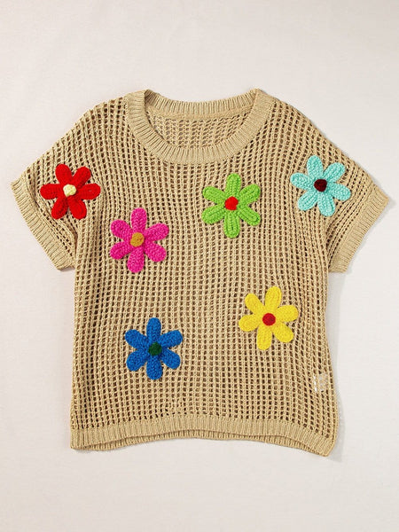 French Beige Floral Crochet Hollow-out Sweater Top