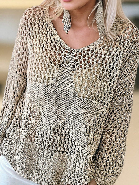 French Beige Star Pointelle Knit Oversized Sweater