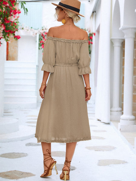 Frilled Off-Shoulder Flounce Sleeve Midi Dress
