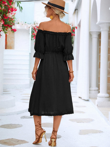 Frilled Off-Shoulder Flounce Sleeve Midi Dress