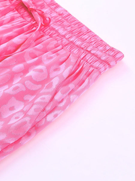 Women's Pink Cheetah Print Satin Pajama Set with Pockets