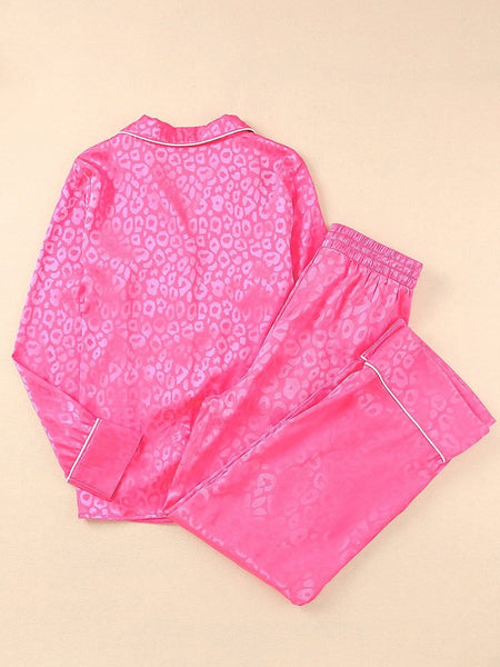 Women's Pink Cheetah Print Satin Pajama Set with Pockets