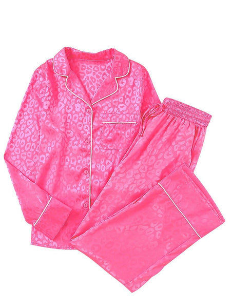 Women's Pink Cheetah Print Satin Pajama Set with Pockets