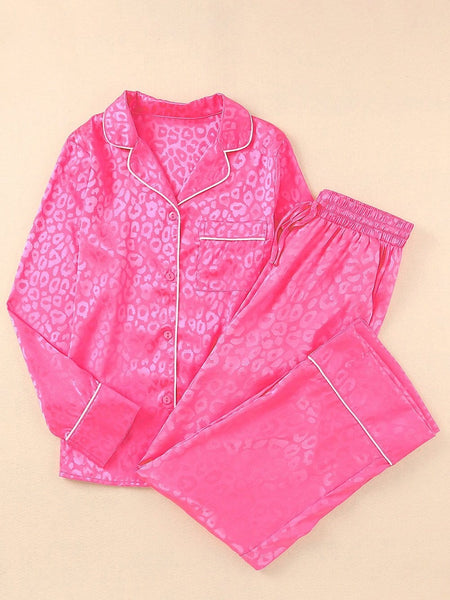 Women's Pink Cheetah Print Satin Pajama Set with Pockets