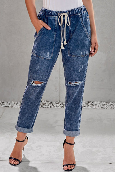 High Waist Raw Hem Ripped Skinny Casual Denim Jeans