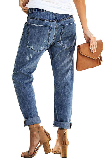 High Waist Raw Hem Ripped Skinny Casual Denim Jeans