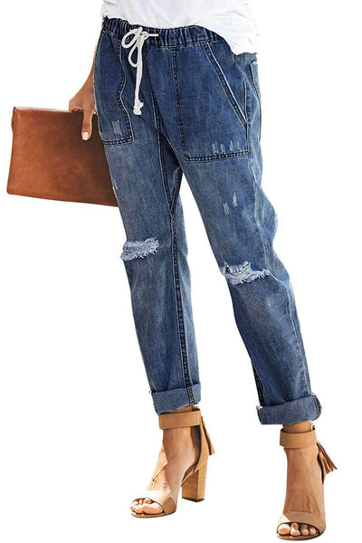 High Waist Raw Hem Ripped Skinny Casual Denim Jeans