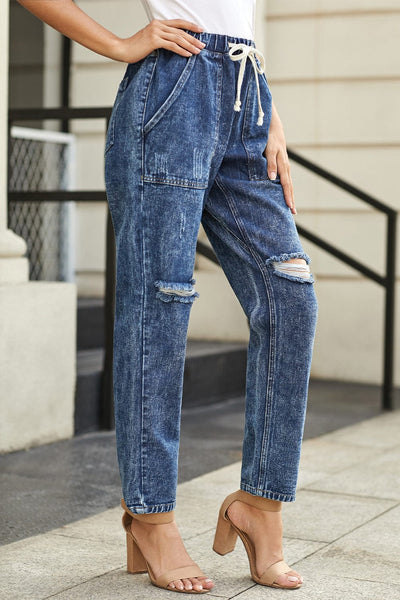 High Waist Raw Hem Ripped Skinny Casual Denim Jeans