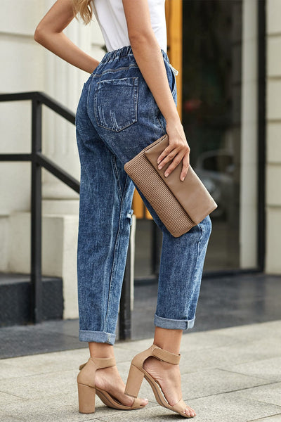 High Waist Raw Hem Ripped Skinny Casual Denim Jeans
