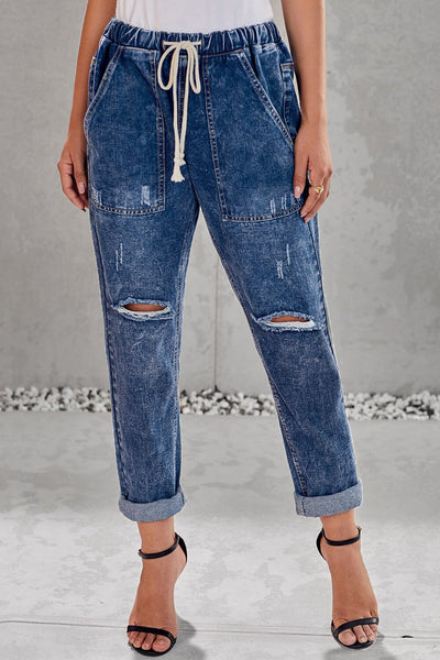 High Waist Raw Hem Ripped Skinny Casual Denim Jeans