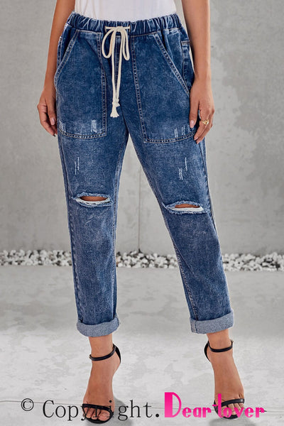 High Waist Raw Hem Ripped Skinny Casual Denim Jeans