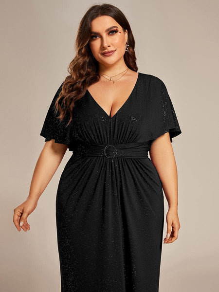 Women's Glamorous Plus Size Mermaid Evening Gown with Glitter Bat-Wing Sleeves and Waist-Cinching Detail