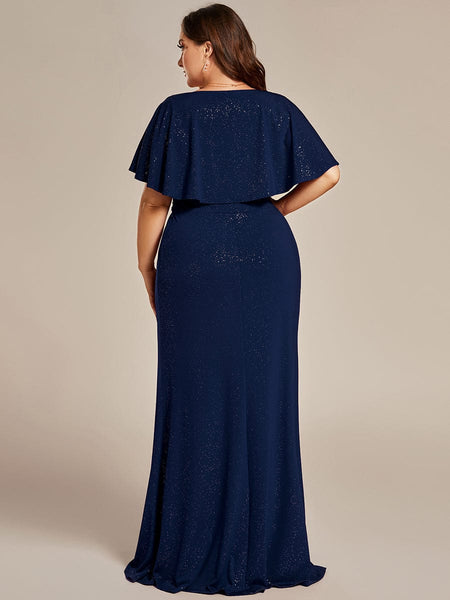 Women's Glamorous Plus Size Mermaid Evening Gown with Glitter Bat-Wing Sleeves and Waist-Cinching Detail