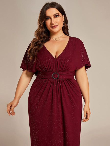 Women's Glamorous Plus Size Mermaid Evening Gown with Glitter Bat-Wing Sleeves and Waist-Cinching Detail