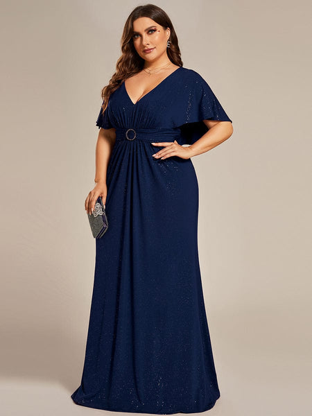 Women's Glamorous Plus Size Mermaid Evening Gown with Glitter Bat-Wing Sleeves and Waist-Cinching Detail