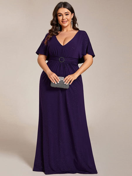 Women's Glamorous Plus Size Mermaid Evening Gown with Glitter Bat-Wing Sleeves and Waist-Cinching Detail
