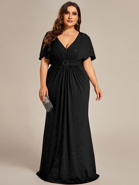 Women's Glamorous Plus Size Mermaid Evening Gown with Glitter Bat-Wing Sleeves and Waist-Cinching Detail
