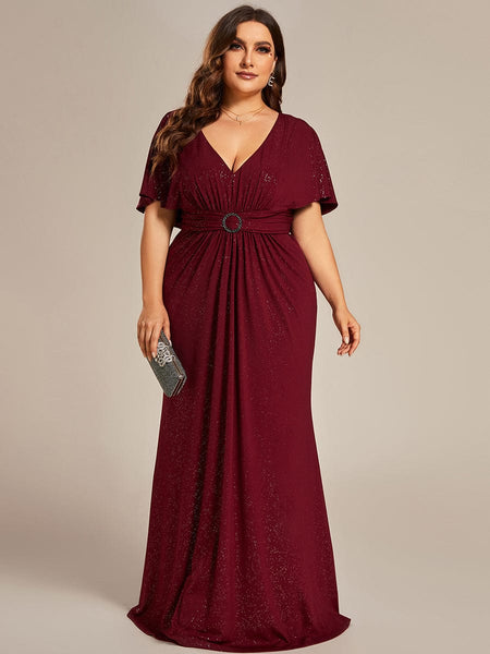 Women's Glamorous Plus Size Mermaid Evening Gown with Glitter Bat-Wing Sleeves and Waist-Cinching Detail