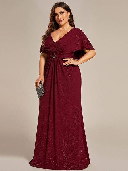 Women's Glamorous Plus Size Mermaid Evening Gown with Glitter Bat-Wing Sleeves and Waist-Cinching Detail