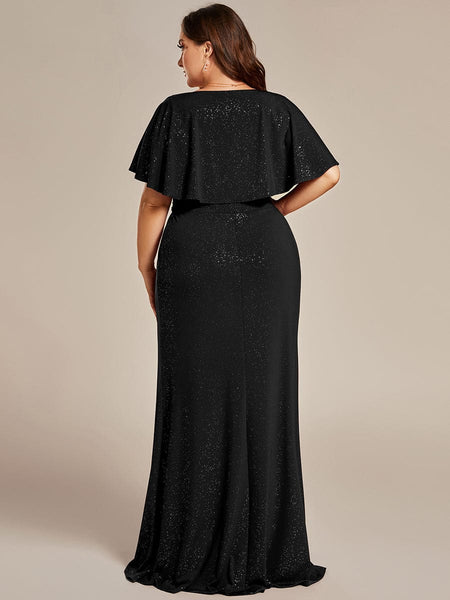 Women's Glamorous Plus Size Mermaid Evening Gown with Glitter Bat-Wing Sleeves and Waist-Cinching Detail