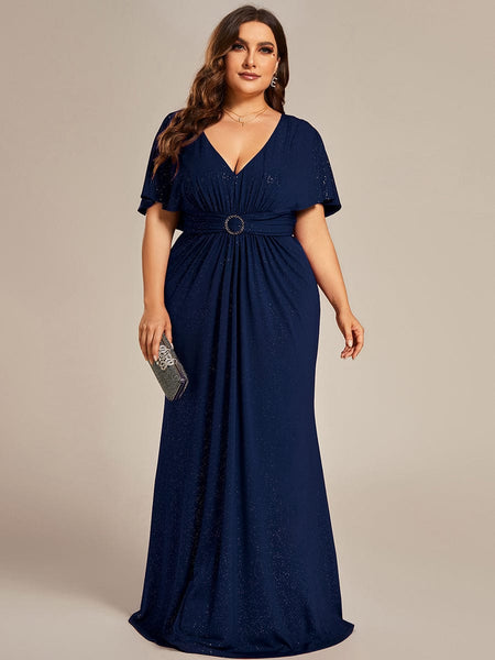 Women's Glamorous Plus Size Mermaid Evening Gown with Glitter Bat-Wing Sleeves and Waist-Cinching Detail