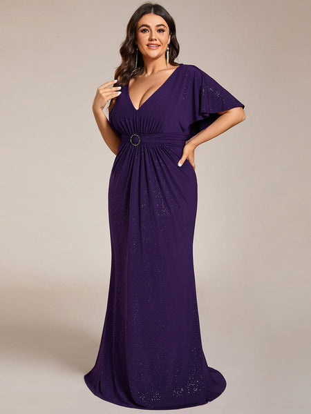 Women's Glamorous Plus Size Mermaid Evening Gown with Glitter Bat-Wing Sleeves and Waist-Cinching Detail