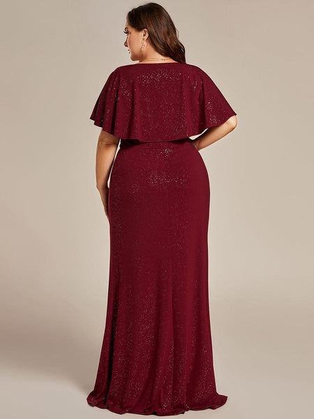 Women's Glamorous Plus Size Mermaid Evening Gown with Glitter Bat-Wing Sleeves and Waist-Cinching Detail