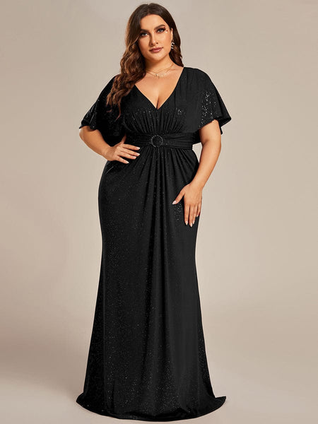 Women's Glamorous Plus Size Mermaid Evening Gown with Glitter Bat-Wing Sleeves and Waist-Cinching Detail