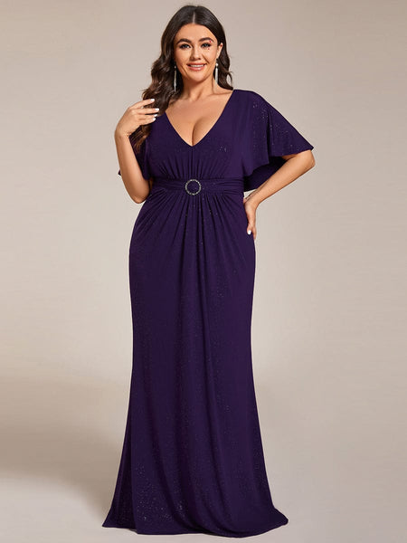 Women's Glamorous Plus Size Mermaid Evening Gown with Glitter Bat-Wing Sleeves and Waist-Cinching Detail