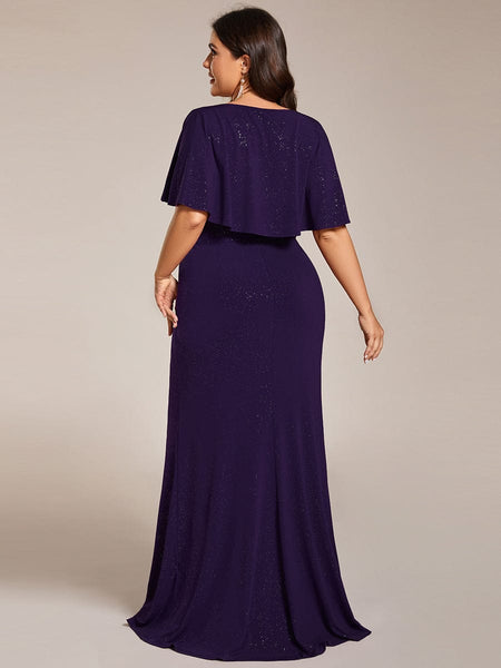 Women's Glamorous Plus Size Mermaid Evening Gown with Glitter Bat-Wing Sleeves and Waist-Cinching Detail