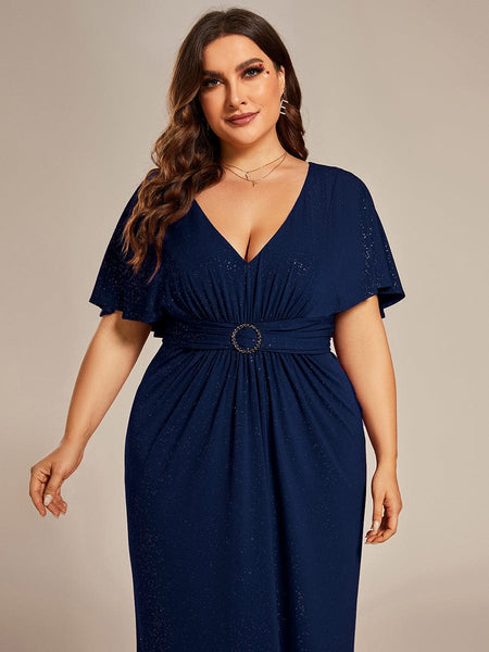 Women's Glamorous Plus Size Mermaid Evening Gown with Glitter Bat-Wing Sleeves and Waist-Cinching Detail