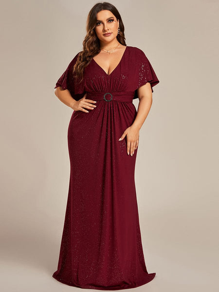 Women's Glamorous Plus Size Mermaid Evening Gown with Glitter Bat-Wing Sleeves and Waist-Cinching Detail