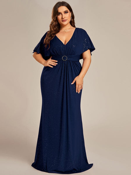 Women's Glamorous Plus Size Mermaid Evening Gown with Glitter Bat-Wing Sleeves and Waist-Cinching Detail