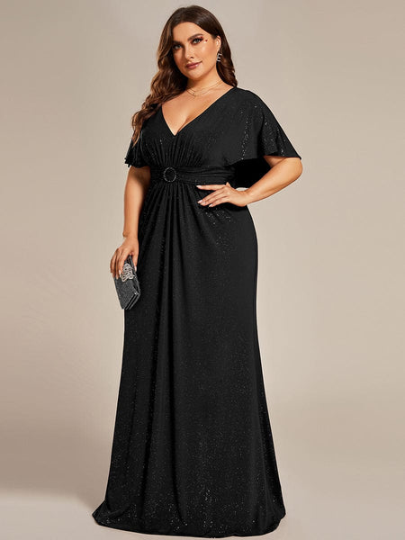 Women's Glamorous Plus Size Mermaid Evening Gown with Glitter Bat-Wing Sleeves and Waist-Cinching Detail