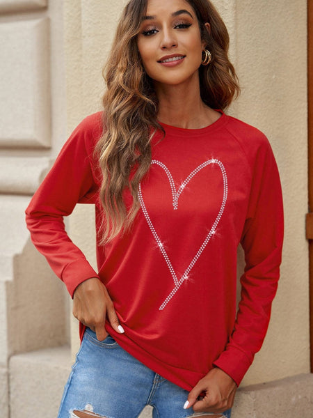 Women's Glamorous Red Heart Sparkle Long Sleeve Sweatshirt