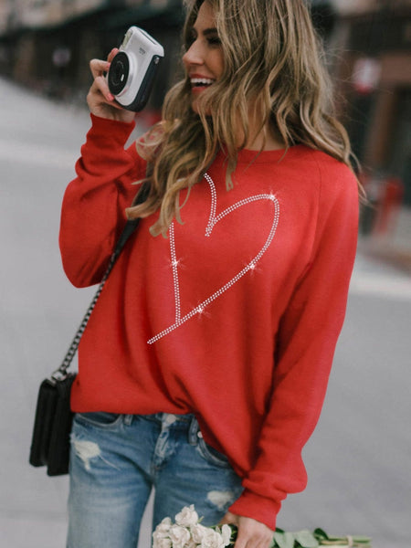 Women's Glamorous Red Heart Sparkle Long Sleeve Sweatshirt