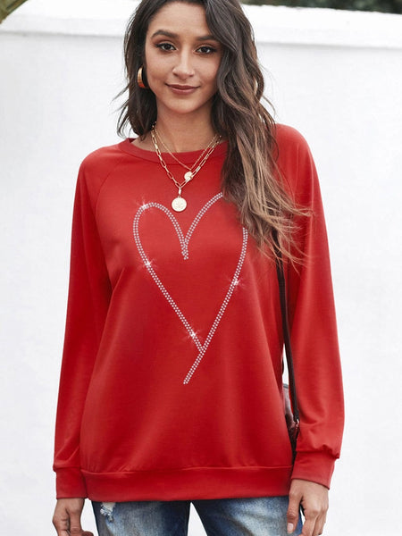 Women's Glamorous Red Heart Sparkle Long Sleeve Sweatshirt