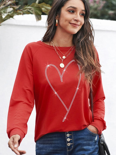 Women's Glamorous Red Heart Sparkle Long Sleeve Sweatshirt