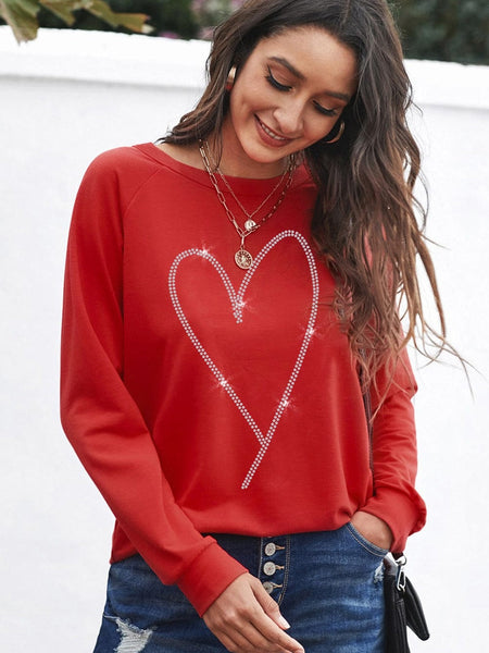 Women's Glamorous Red Heart Sparkle Long Sleeve Sweatshirt