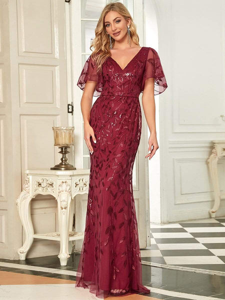 Women's Gold V-Neck Leaf-Sequined Mermaid Evening Gown
