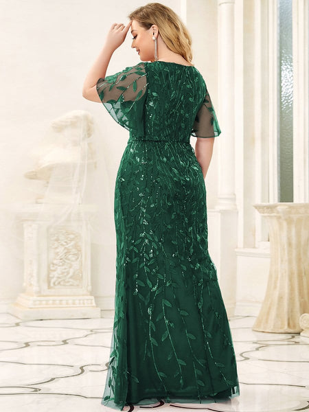 Women's Gold V-Neck Leaf-Sequined Mermaid Evening Gown
