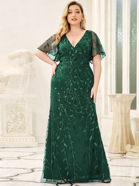 Women's Gold V-Neck Leaf-Sequined Mermaid Evening Gown